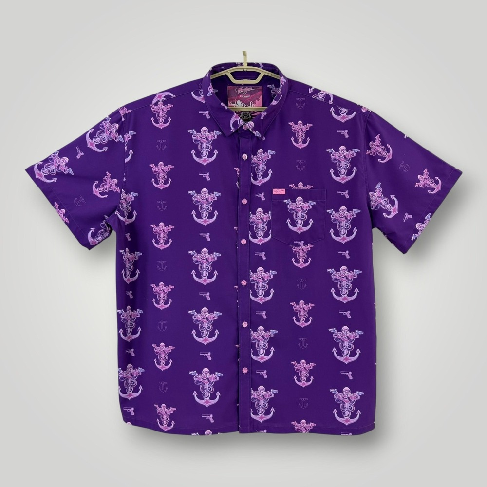 Retro Rifle Shirt Mens Size 3XL Purple Glocktopus Octopus Anchor Print Button Up
